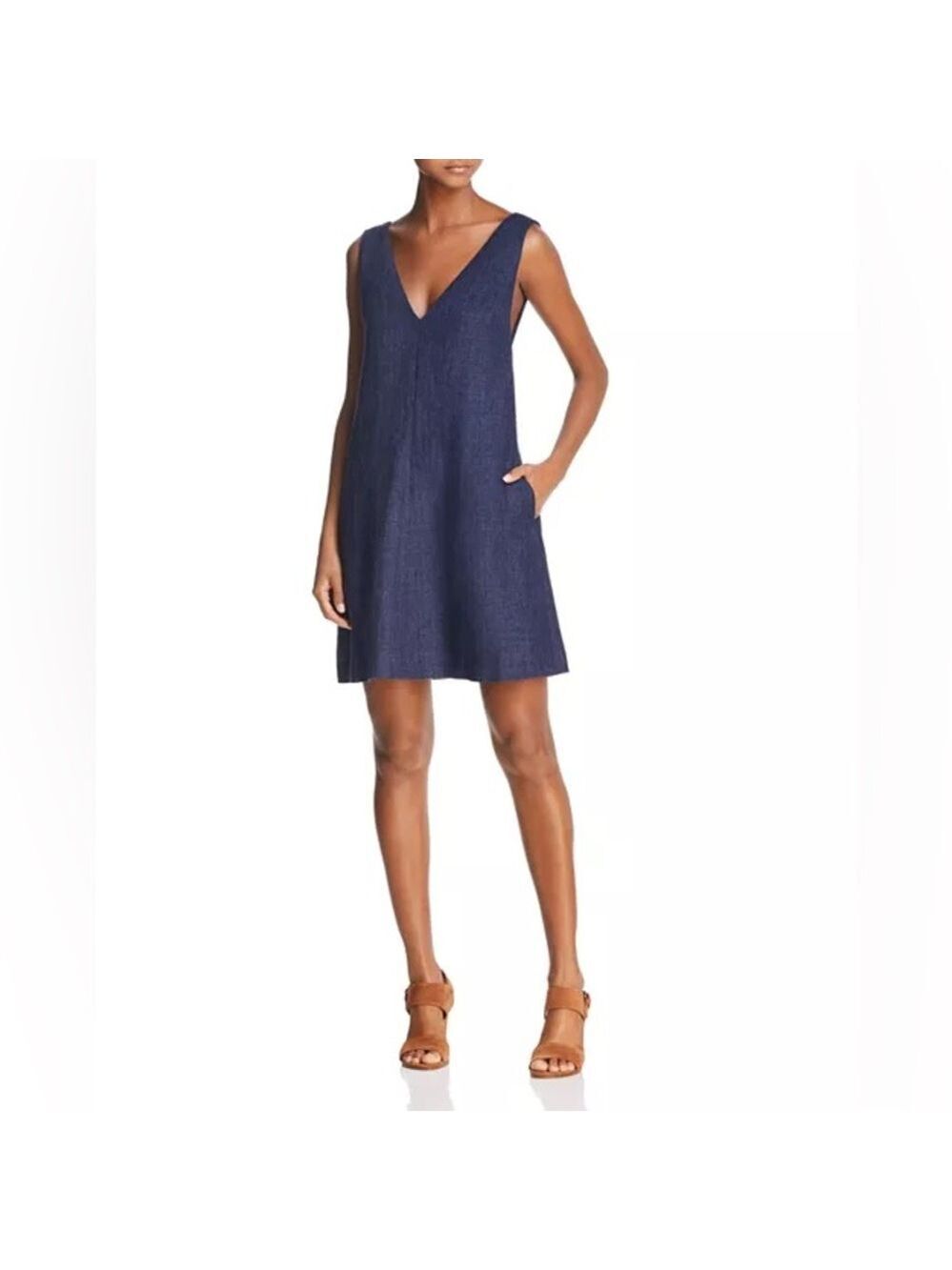 Theory V-NECK SLEEVELESS A-LINE INTEGRATE LINEN DRESS IN DENIM Blue MELANGE S